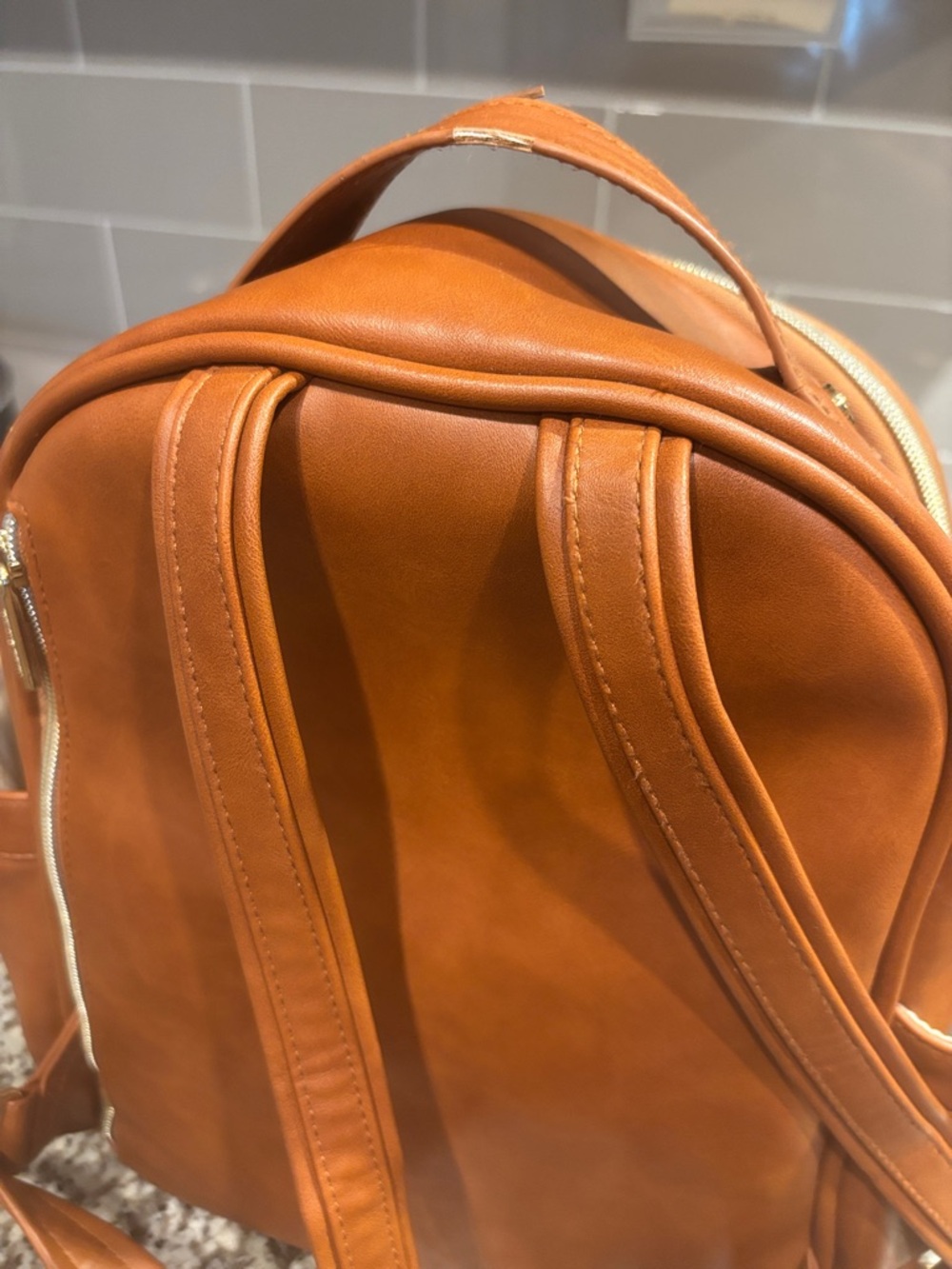 Itzy Ritzy Men's Cognac/Tan Faux Leather Backpack with Gold Hardware - Picture 4 of 6